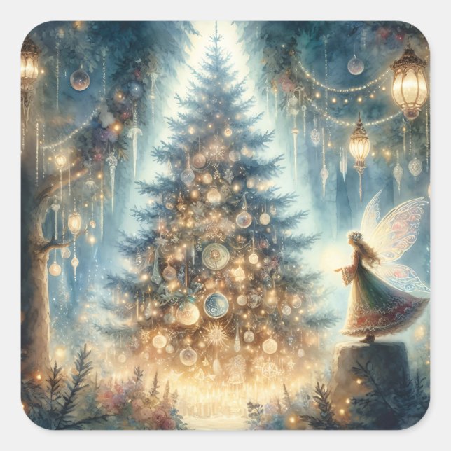 Little Christmas Fairy in an Enchanted Forest Square Sticker (Front)