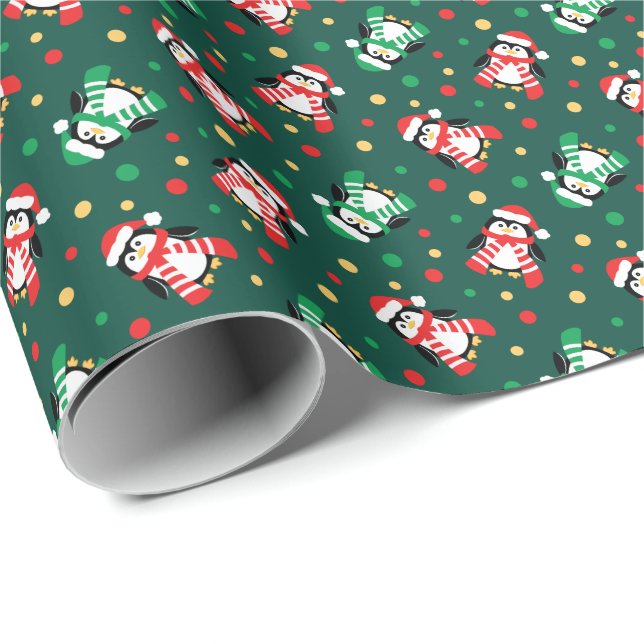 Little Christmas Penguins Cute Childrens Green Wrapping Paper (Roll Corner)