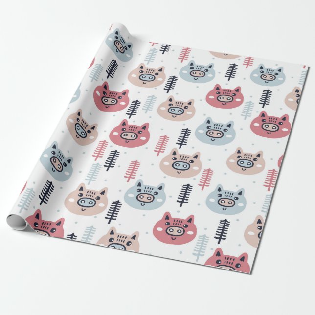 Little Christmas Piggies | Festive Themed Pigs Wrapping Paper (Unrolled)