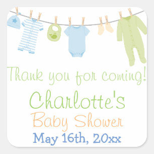 Little Clothes Blue & Green Baby Shower Party Square Sticker