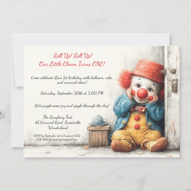 Little Clown 1st Birthday Show Invitation (Front)