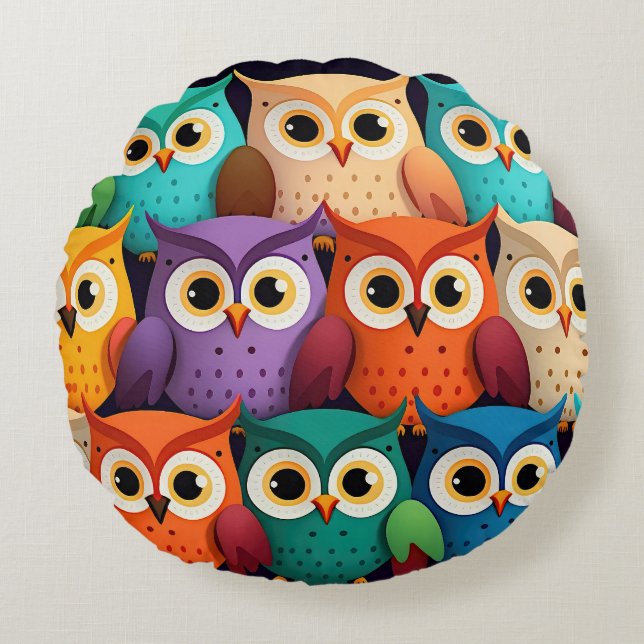 Little Colorful Owls Round Cushion (Front)