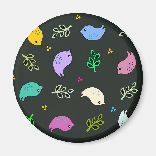 Little Colourful Birds Pattern on Black Magnet (Front)