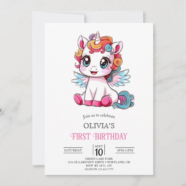 Little Colourful Digital Unicorn 1st Birthday Invitation (Front)