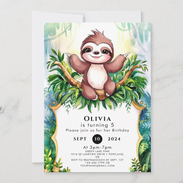Little Colourful Sloth Birthday Invitation (Front)