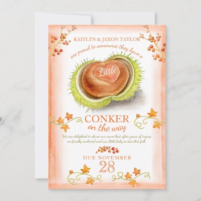 Little conker heart watercolor pregnancy announcement (Front)