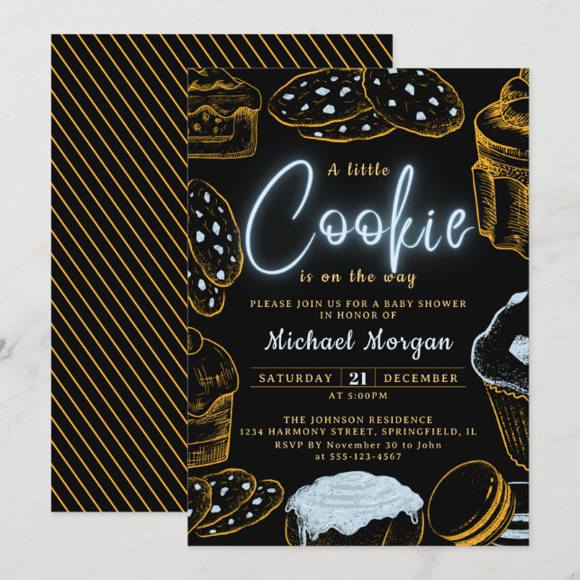 Little Cookie Baby Boy Blue and Black Baby Shower Invitation (Front/Back)