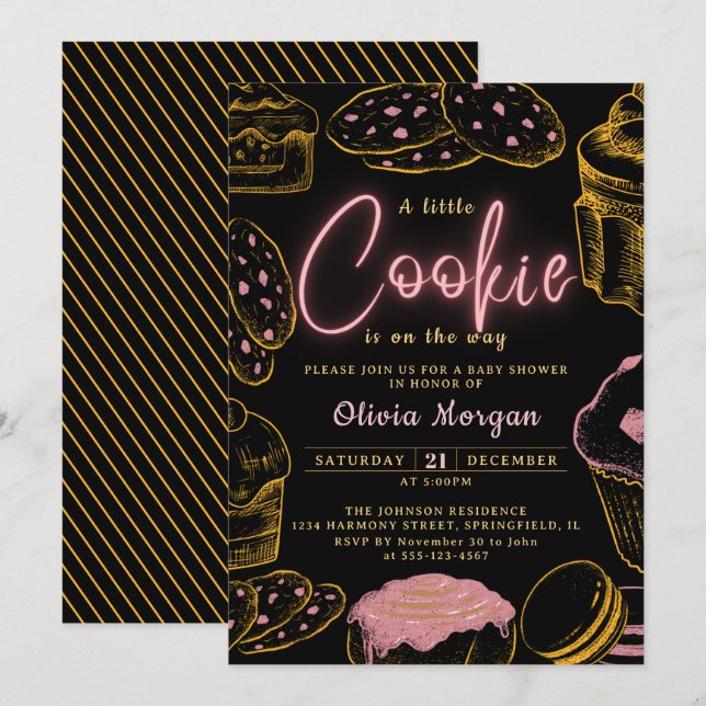 Little Cookie Baby Girl Pink and Black Baby Shower Invitation (Front/Back)