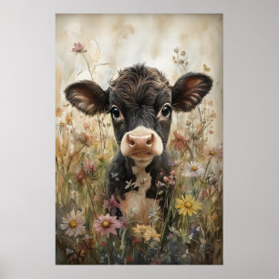 Little Cow In Wild Flowers Print, Calf Easter Poster