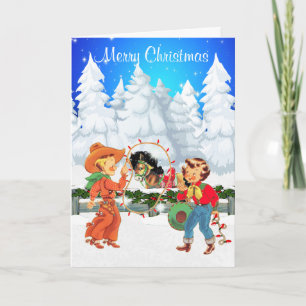 Little Cowboy and Cowgirl With Rope Lights  Horse Holiday Card