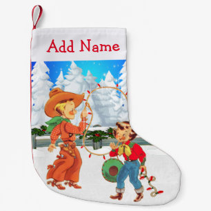 Little Cowboy And Cowgirl With Rope  Lights Winter Small Christmas Stocking