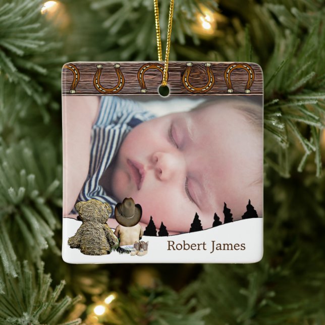 Little  Cowboy and Teddy Bear Country Christmas Ceramic Ornament (Tree)