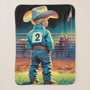 Little Cowboy at Rodeo Fence American Flag Horses Sherpa Blanket