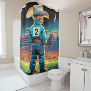 Little Cowboy at Rodeo Fence American Flag Horses Shower Curtain