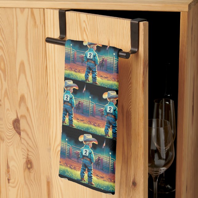 Little Cowboy at Rodeo Fence American Flag Horses Tea Towel (Thirds Fold)