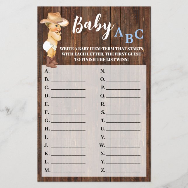 Little Cowboy Baby ABC Baby Shower Game Card (Front)