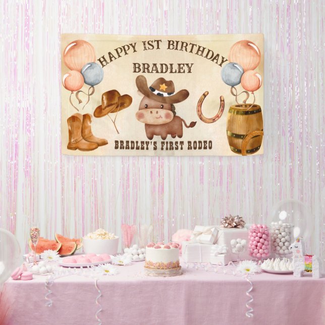 Little cowboy baby horse first rodeo birthday banner (Party)