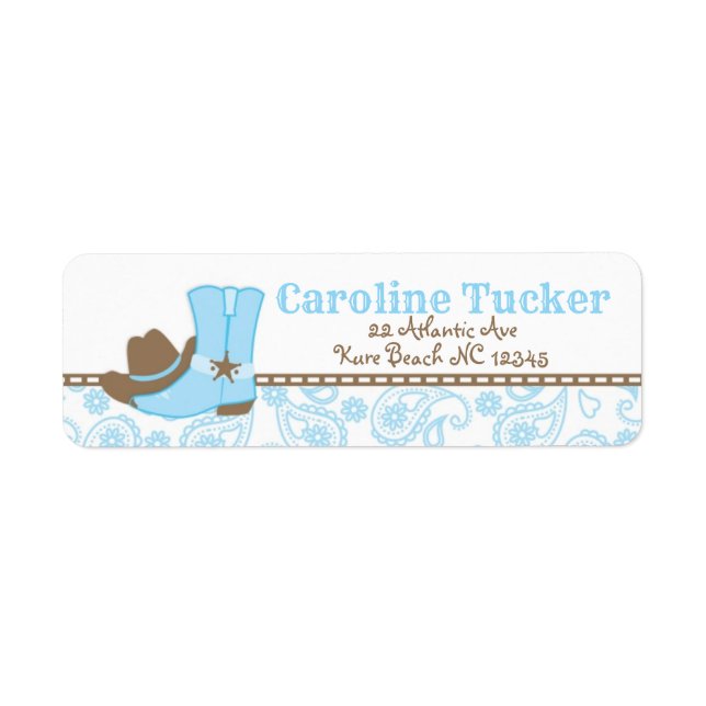 Little Cowboy Baby Shower Address Label blue brown (Front)