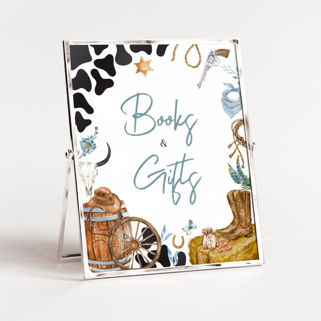 Little Cowboy Baby Shower Books and Gifts Poster (Wild West Baby Shower Books and Gifts Sign)