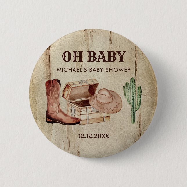 Little Cowboy Baby Shower Cactus Boots Hat 6 Cm Round Badge (Front)