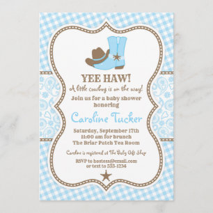 Little Cowboy Baby Shower Invitation blue & brown