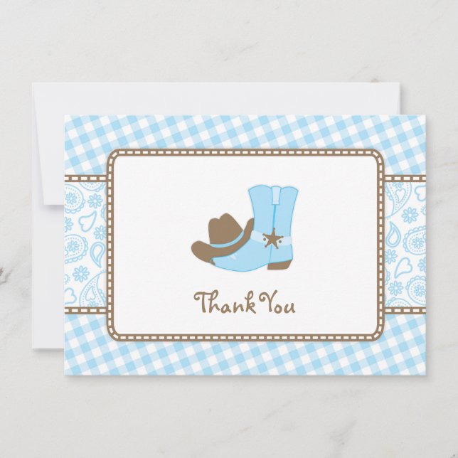 Little Cowboy Baby Shower Thank You blue and brown Card (Front)