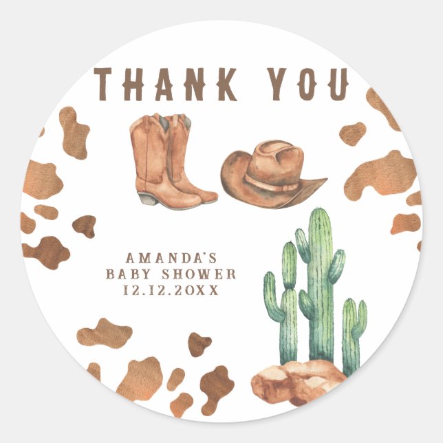 Little Cowboy Baby Shower Thank you Classic Round Sticker (Front)