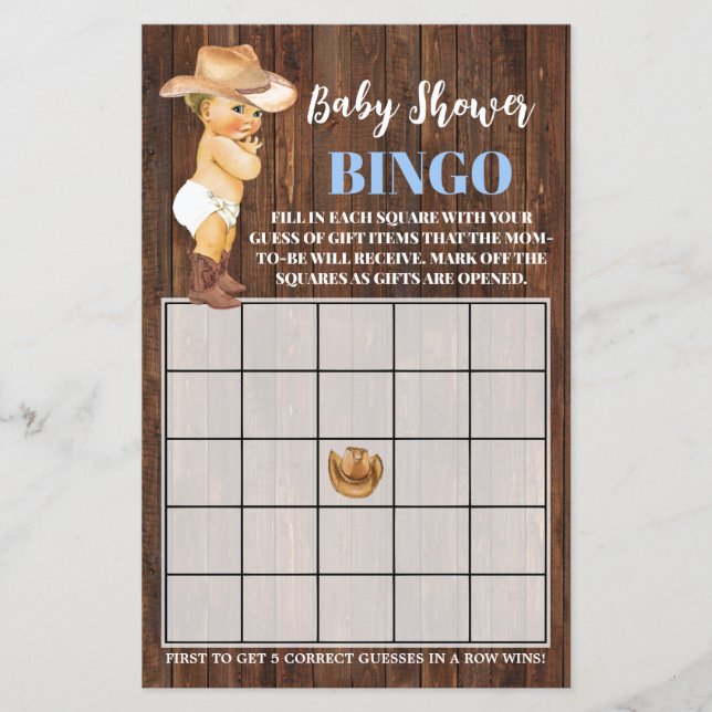 Little Cowboy Blue Baby Shower Bingo Game Card (Front)