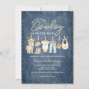 Little Cowboy Blue Baby Shower Clothesline Denim Invitation