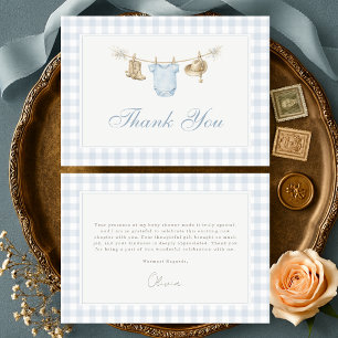 Little Cowboy Blue Gingham Boy Baby Shower Thank You Card