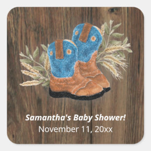 Little Cowboy Bootie Baby Shower Dark Wood Square Sticker