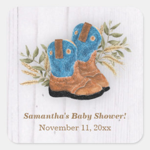 Little Cowboy Bootie Baby Shower White Wood Square Sticker