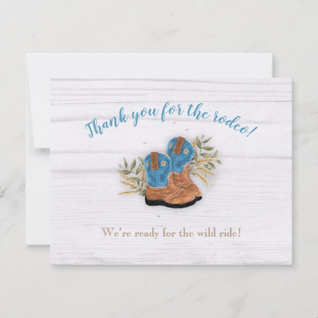 Little Cowboy Bootie White Wood Thank You Card (Front)