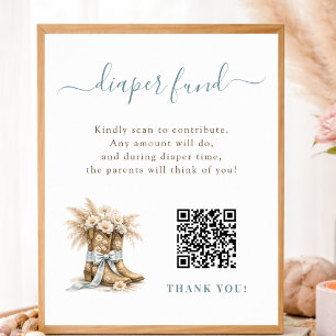 Little Cowboy Boy Baby Shower Diaper Fund QR Sign