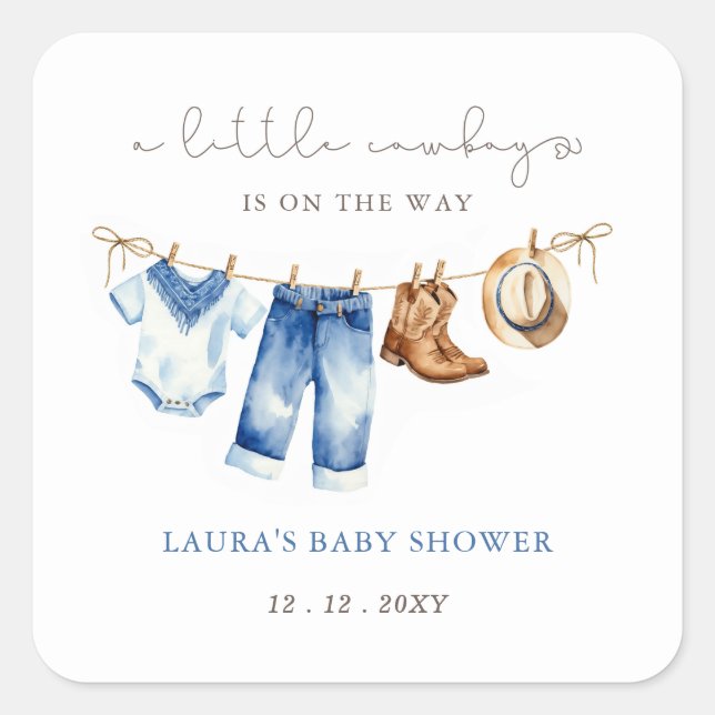 Little Cowboy Boy Baby Shower Square Sticker (Front)