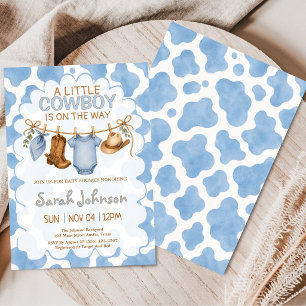 Little Cowboy Boy Blue Cow Print Baby Shower Invitation