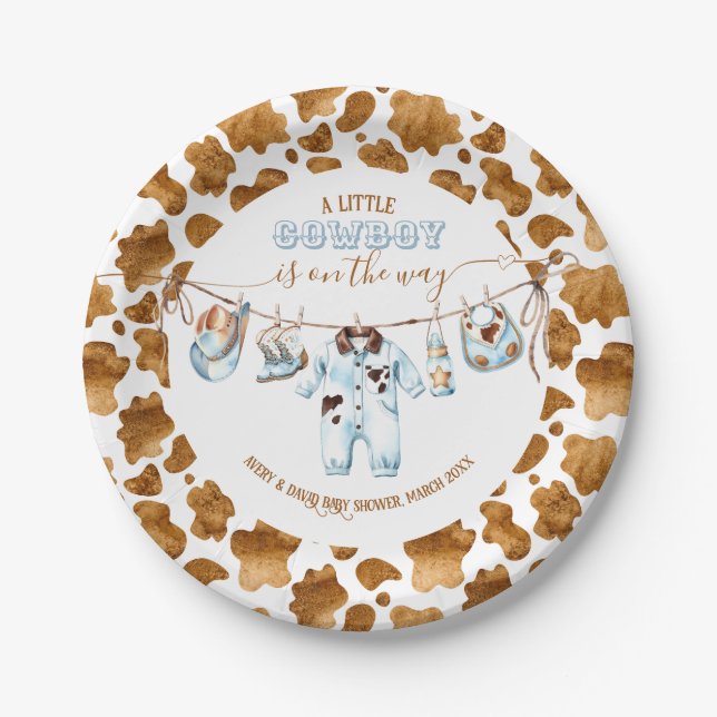 Little Cowboy Clothesline WildWest Boy Baby Shower Paper Plate (Front)