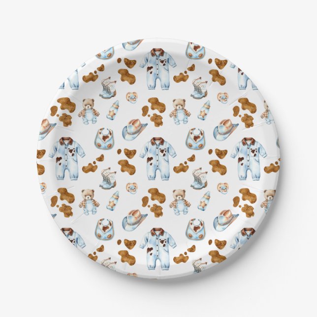 Little Cowboy Clothesline WildWest Boy Baby Shower Paper Plate (Front)