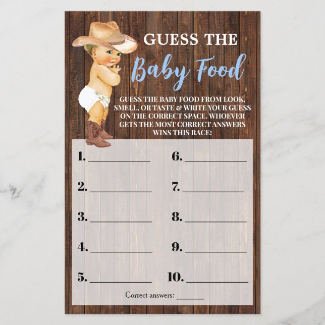 Little Cowboy Guess the Baby Food Shower Game Card (Front)