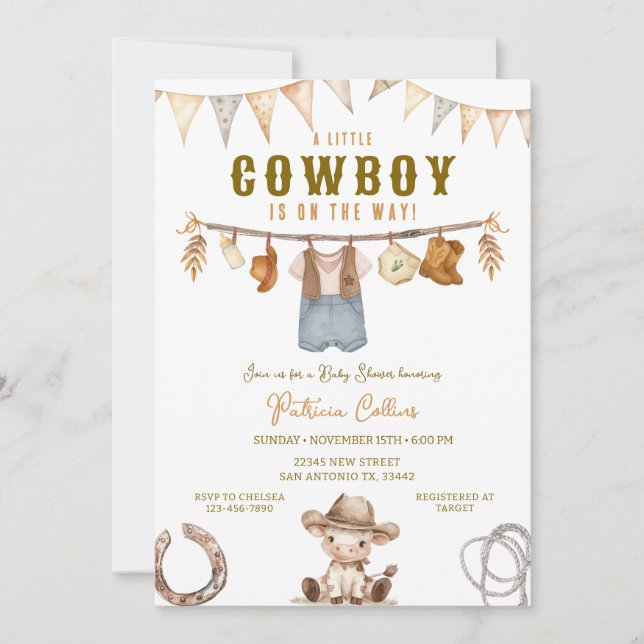  Little Cowboy is on the Way Clothline Baby Shower Invitation (Front)