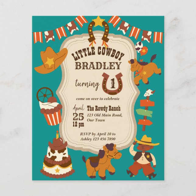 Little cowboy kids birthday party budget invite (Front)
