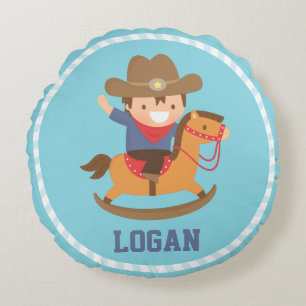 Little Cowboy on Rocking Horse Boys Room Round Cushion