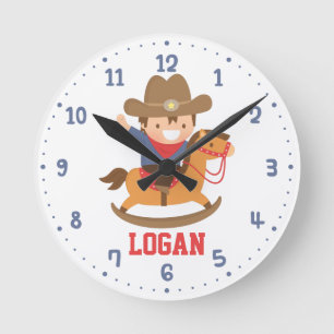 Little Cowboy on Rocking Horse Boys Wall Decor Round Clock