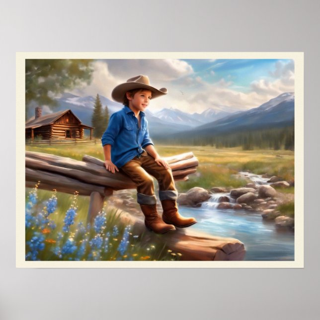Little Cowboy On The Fence Boy's Bedroom Art  Poster (Front)