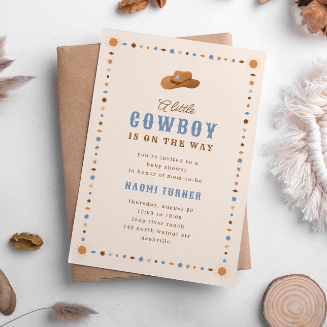 Little Cowboy on the Way Western Baby Shower Invitation (little cowboy on the way baby shower invitation in blue and browns.)