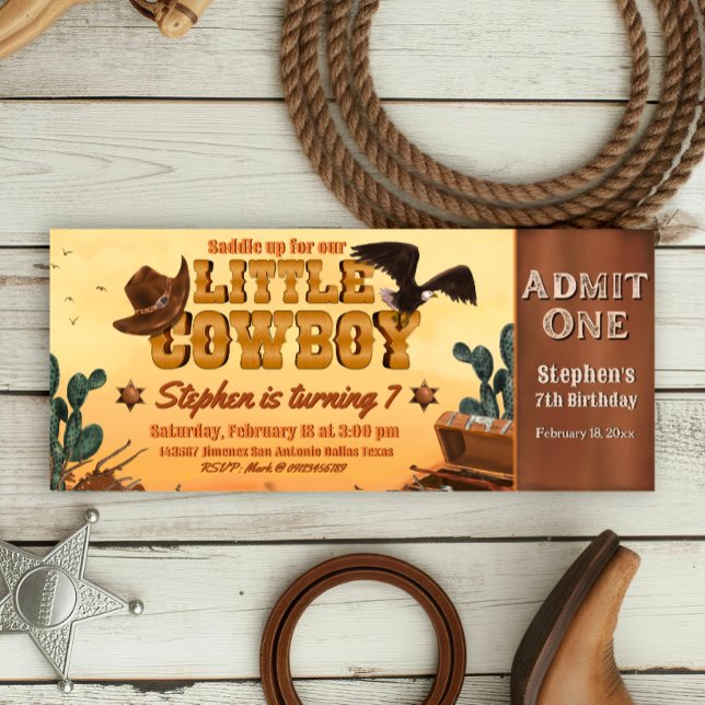 Little Cowboy Ticket Invitation (Little Cowboy -  Boy Birthday Ticket Invitation)