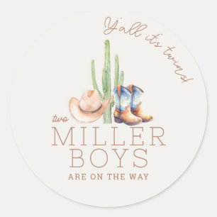 Little Cowboy Twin Baby Shower Round Sticker