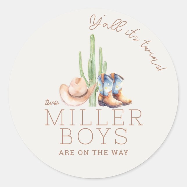 Little Cowboy Twin Baby Shower Round Sticker (Front)
