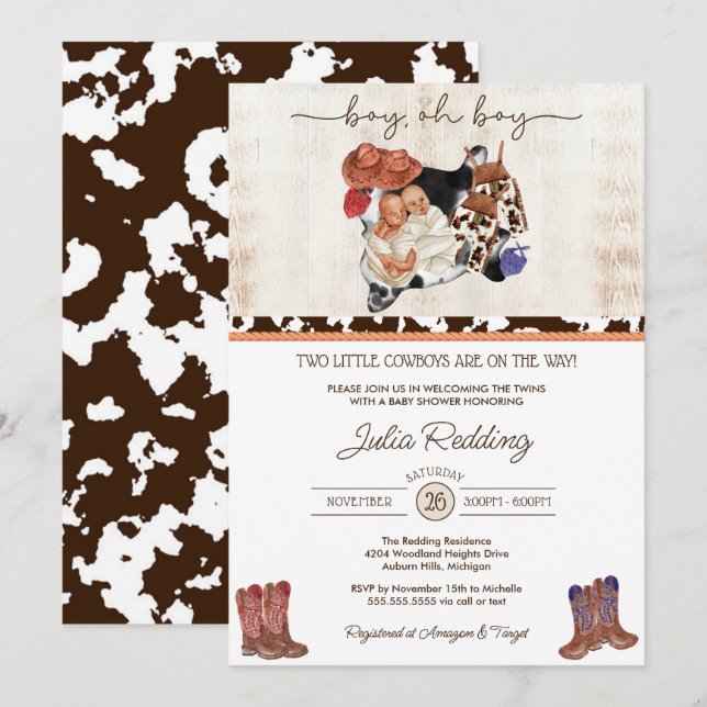 Little Cowboy Twin Boys Western V2 Baby Shower Invitation (Front/Back)