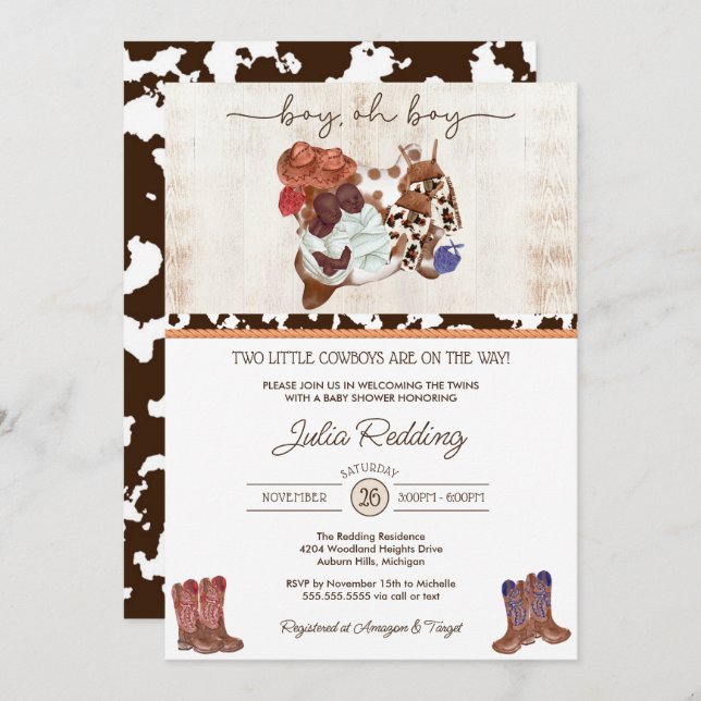 Little Cowboy Twin Boys Western V3 Baby Shower Inv Invitation (Front/Back)